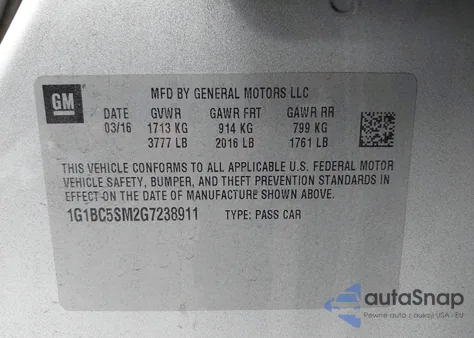 2016 Chevrolet Cruze Ls Auto from USA, damaged, VIN 1G1BC5SM2G7238911